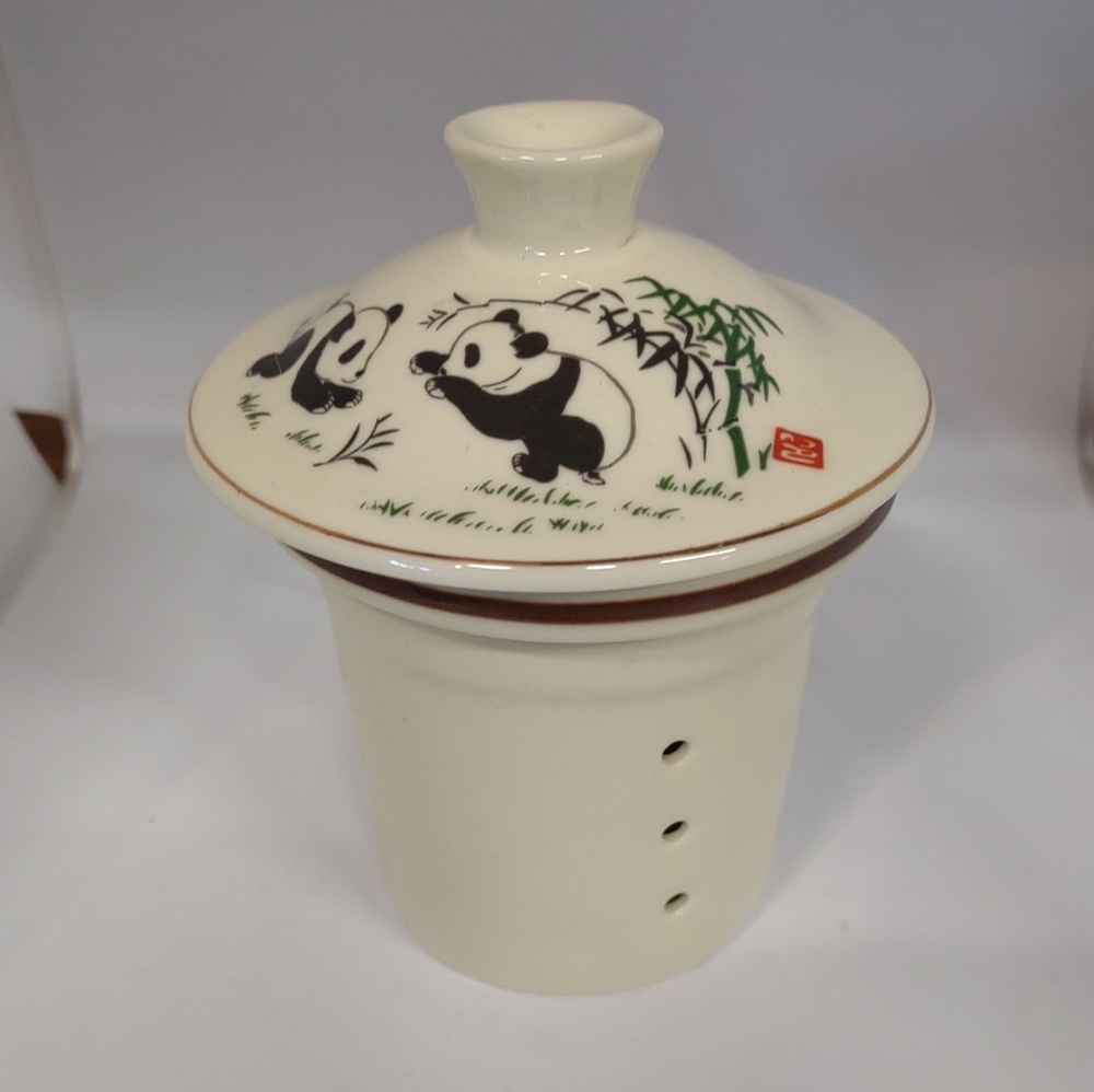 Japanese World Market Panda Bear Bamboo Ceramic Infuser Removable Lid